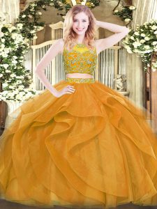 Graceful Gold Zipper 15th Birthday Dress Beading and Ruffles Sleeveless Floor Length