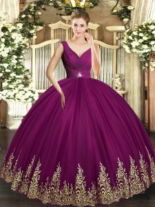 Exquisite V-neck Sleeveless Tulle Sweet 16 Dress Beading and Appliques and Ruching Backless