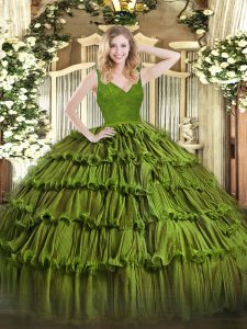 Sleeveless Floor Length Beading and Ruffled Layers Zipper Quinceanera Dress with Olive Green