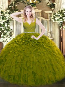 Sleeveless Tulle Floor Length Zipper 15 Quinceanera Dress in Olive Green with Beading and Ruffles
