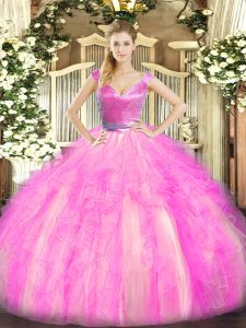 Superior Rose Pink V-neck Neckline Beading and Ruffles Quinceanera Gown Sleeveless Zipper