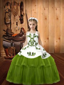 Olive Green Tulle Lace Up Straps Sleeveless Floor Length Little Girls Pageant Dress Embroidery