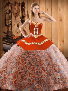 Multi-color Ball Gowns Satin and Fabric With Rolling Flowers Sweetheart Sleeveless Embroidery With Train Lace Up Vestidos de Quinceanera Sweep Train