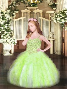 Trendy Yellow Green Organza Lace Up Spaghetti Straps Sleeveless Floor Length Child Pageant Dress Appliques and Ruffles