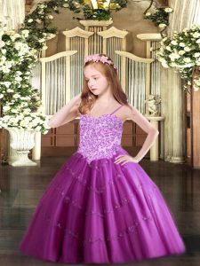 Sleeveless Tulle Floor Length Lace Up Kids Pageant Dress in Fuchsia with Appliques