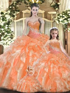 Orange Red Lace Up Sweetheart Beading and Ruffles Quinceanera Gown Tulle Sleeveless