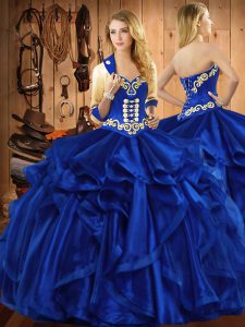 Perfect Embroidery and Ruffles Quinceanera Gown Royal Blue Lace Up Sleeveless Floor Length
