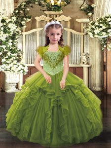 Custom Designed Sleeveless Organza Floor Length Lace Up Kids Pageant Dress in Olive Green with Beading and Ruffles