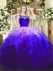 Scoop Sleeveless Vestidos de Quinceanera Floor Length Beading and Ruffles Multi-color Tulle
