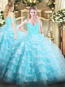 Graceful Sleeveless Organza Floor Length Zipper Sweet 16 Dresses in Aqua Blue with Ruffled Layers