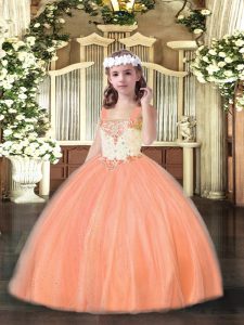 Popular Orange Red Sleeveless Tulle Lace Up Kids Formal Wear for Party and Quinceanera