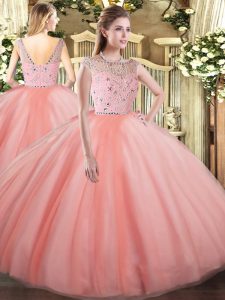 Tulle Bateau Sleeveless Zipper Beading Vestidos de Quinceanera in Peach