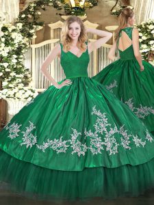 Sleeveless Floor Length Beading and Appliques Zipper Vestidos de Quinceanera with Dark Green