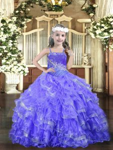 Sleeveless Organza Floor Length Lace Up Evening Gowns in Lavender with Beading and Ruffled Layers