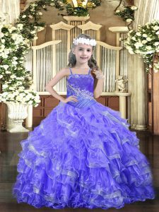 Sleeveless Organza Floor Length Lace Up Evening Gowns in Lavender with Beading and Ruffled Layers