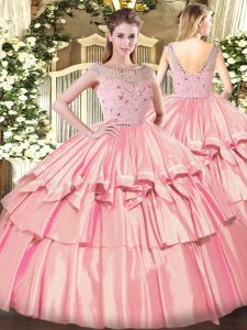 Elegant Floor Length Zipper 15th Birthday Dress Rose Pink for Military Ball and Sweet 16 and Quinceanera with Beading and Ruffled Layers
