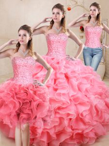 Ideal Watermelon Red Lace Up Sweetheart Beading and Ruffles Sweet 16 Dresses Organza Sleeveless