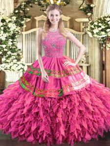 Colorful Hot Pink 15th Birthday Dress Military Ball and Sweet 16 and Quinceanera with Beading and Ruffles and Sequins Halter Top Sleeveless Zipper