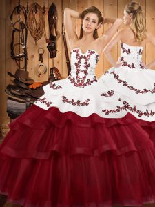 Free and Easy Wine Red Strapless Lace Up Embroidery and Ruffled Layers Quince Ball Gowns Sweep Train Sleeveless