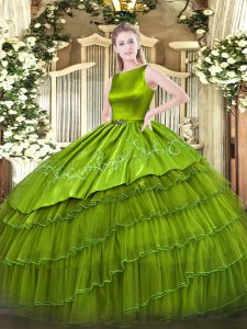 Traditional Olive Green Lace Up Scoop Embroidery and Ruffled Layers 15 Quinceanera Dress Satin and Organza Sleeveless