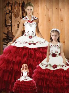 Suitable Embroidery and Ruffles Ball Gown Prom Dress Wine Red Lace Up Sleeveless Floor Length