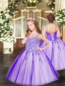 Lavender Tulle Lace Up Girls Pageant Dresses Sleeveless Floor Length Appliques