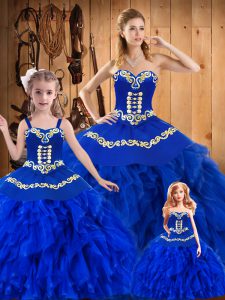 Sleeveless Tulle Floor Length Lace Up Quinceanera Gowns in Royal Blue with Embroidery and Ruffles