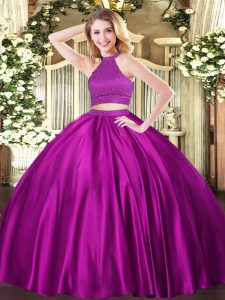 Noble Halter Top Sleeveless Backless Quinceanera Gowns Fuchsia Tulle
