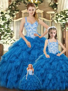 Trendy Teal Straps Lace Up Beading and Ruffles Quinceanera Dress Sleeveless