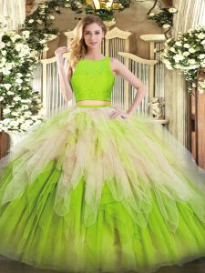Multi-color Zipper Ball Gown Prom Dress Lace and Ruffles Sleeveless Floor Length
