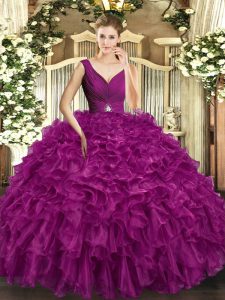 Fuchsia V-neck Backless Beading and Ruffles Sweet 16 Dresses Sleeveless