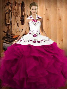 Fuchsia Sleeveless Tulle Lace Up Ball Gown Prom Dress for Military Ball and Sweet 16 and Quinceanera