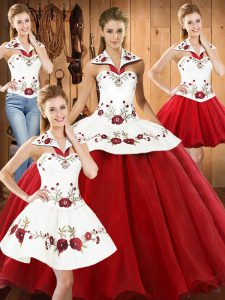 Cute Halter Top Sleeveless Lace Up Quinceanera Dress White And Red Organza