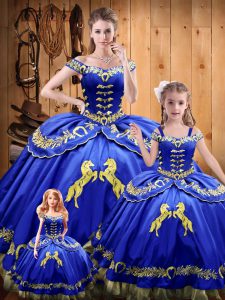 Lovely Ball Gowns 15th Birthday Dress Royal Blue Off The Shoulder Satin and Organza Sleeveless Floor Length Lace Up