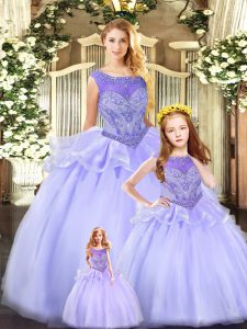 Unique Scoop Sleeveless Lace Up Sweet 16 Dresses Lavender Tulle
