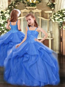Blue Ball Gowns Organza Straps Sleeveless Beading and Ruffles Floor Length Lace Up Child Pageant Dress