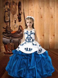 Blue Ball Gowns Straps Sleeveless Organza Floor Length Lace Up Embroidery and Ruffles Kids Pageant Dress