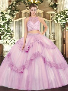 Lilac Sleeveless Beading and Appliques Floor Length Sweet 16 Dress