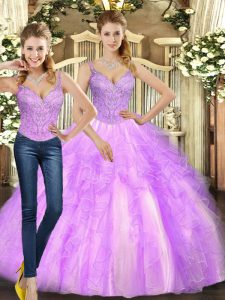 Floor Length Lace Up Quinceanera Dress Lilac for Military Ball and Sweet 16 and Quinceanera with Beading and Ruffles