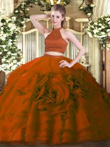 Pretty Floor Length Rust Red Sweet 16 Dress Tulle Sleeveless Beading and Ruffles