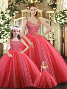 Tulle Straps Sleeveless Lace Up Beading Sweet 16 Dress in Coral Red