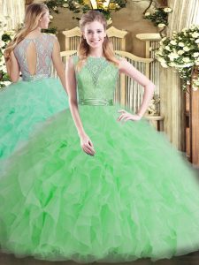 Apple Green Ball Gowns Tulle Scoop Sleeveless Beading and Ruffles Floor Length Backless Sweet 16 Quinceanera Dress