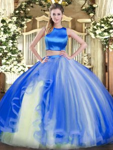 Sexy Floor Length Two Pieces Sleeveless Blue Sweet 16 Dress Criss Cross