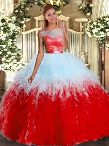 Colorful Sleeveless Backless Floor Length Lace and Ruffles Quinceanera Gowns