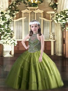 Halter Top Sleeveless Girls Pageant Dresses Floor Length Beading Olive Green Tulle