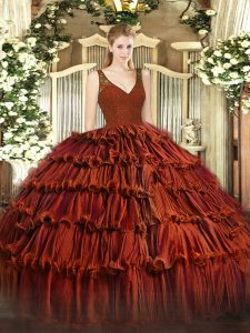 Charming V-neck Sleeveless Zipper Quinceanera Dresses Rust Red Organza