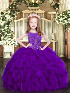 Lovely Purple Sleeveless Floor Length Beading and Ruffles Zipper Kids Formal Wear