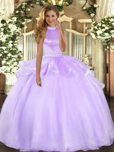 Sexy Lavender Ball Gown Prom Dress Military Ball and Sweet 16 and Quinceanera with Beading and Ruffles Halter Top Sleeveless Backless