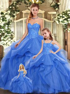 Glorious Blue Organza Lace Up Sweetheart Sleeveless Floor Length Sweet 16 Dress Beading and Ruffles