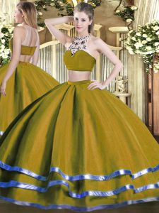 Olive Green High-neck Backless Beading Quince Ball Gowns Sleeveless